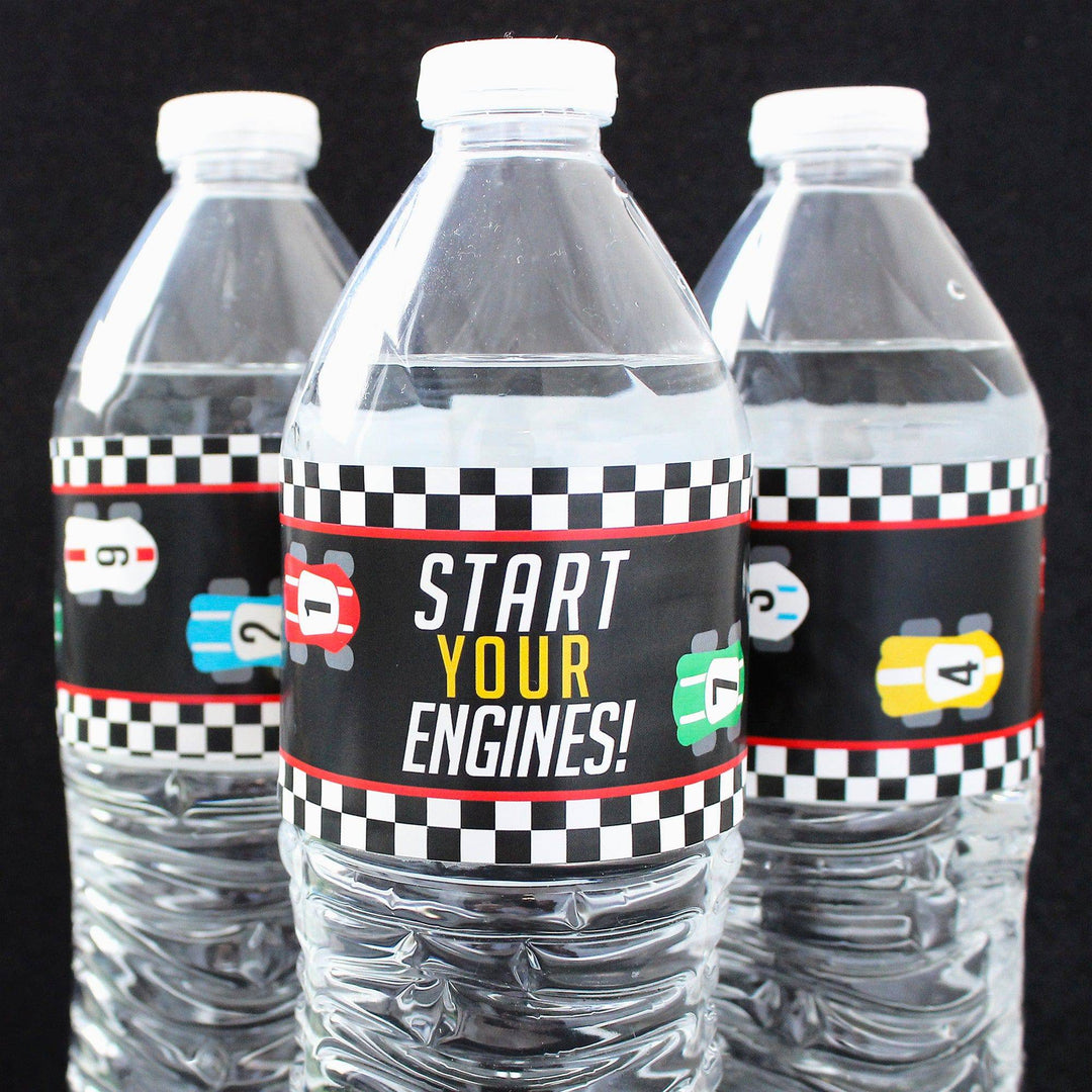 Race Car Birthday Party Water Bottle Labels - 24 Count