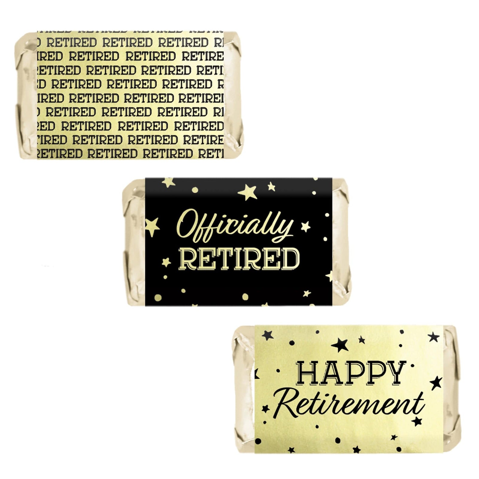 Retirement Party: Black and Gold Shiny Foil - Mini Candy Bar Wrappers - 45 Stickers - Distinctivs Party
