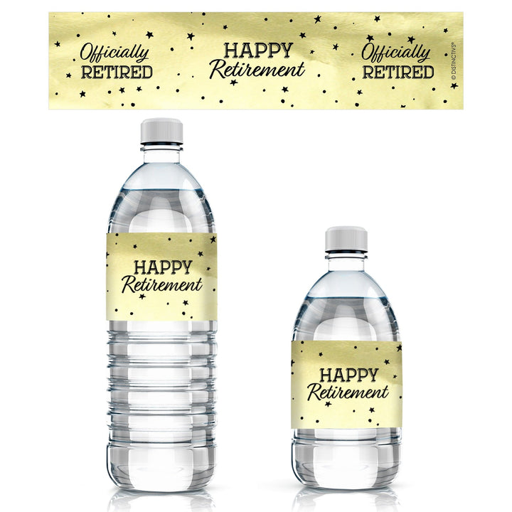 Black and Gold Retirement Party Water Bottle Labels on Shiny Foil - 24 Count