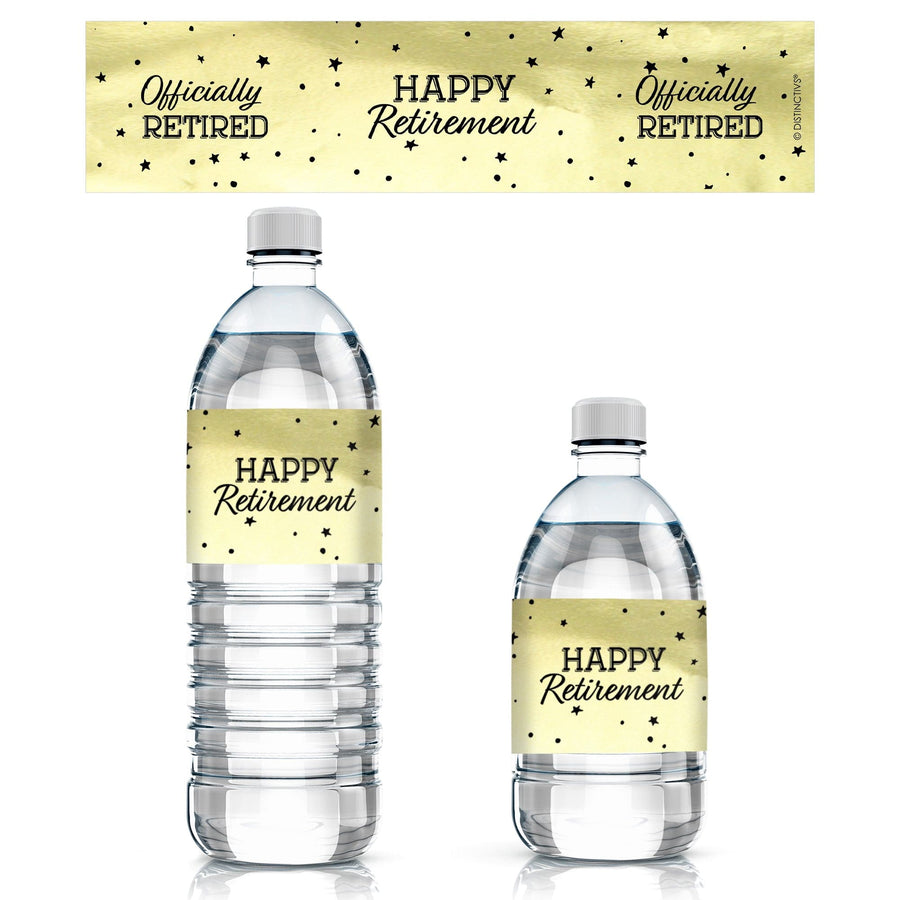 Black and Gold Retirement Party Water Bottle Labels on Shiny Foil - 24 Count