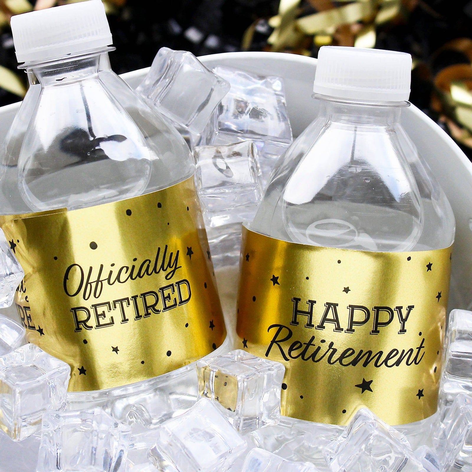 Retirement Party: Black and Gold Shiny Foil - Water Bottle Labels - 24 Stickers - Distinctivs Party