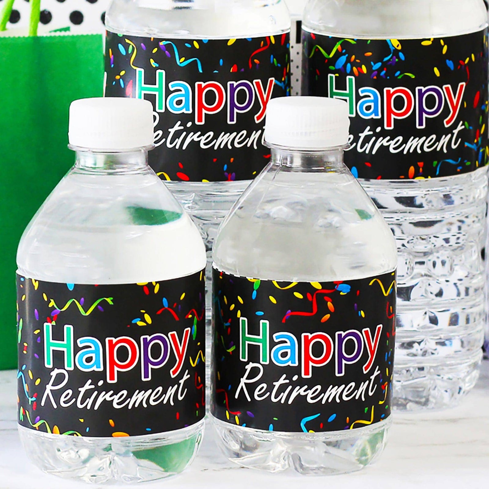 Retirement Party: Colorful Confetti -  Water Bottle Labels - 24 Stickers - Distinctivs Party