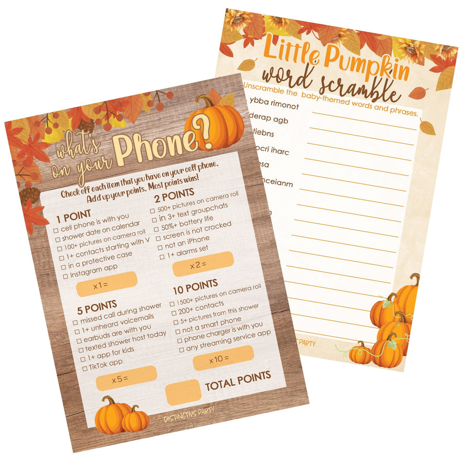 Rustic Little Pumpkin Baby Shower 2 Game Bundle What's On Your Phone and Word Scramble Party Activity games activities fun for everyone family friends teen kids children adults