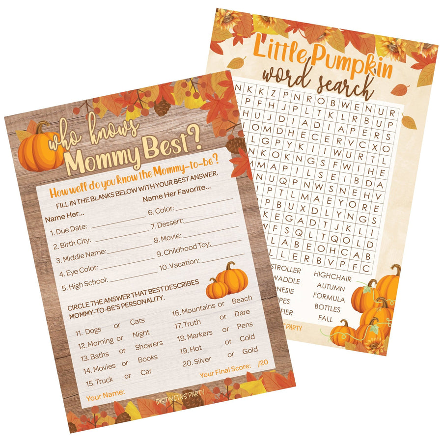 Rustic Little Pumpkin Baby Shower 2 Game Bundle Word Search and Who Knows Mommy Best Party Activity custom made in the usa small business boutique 