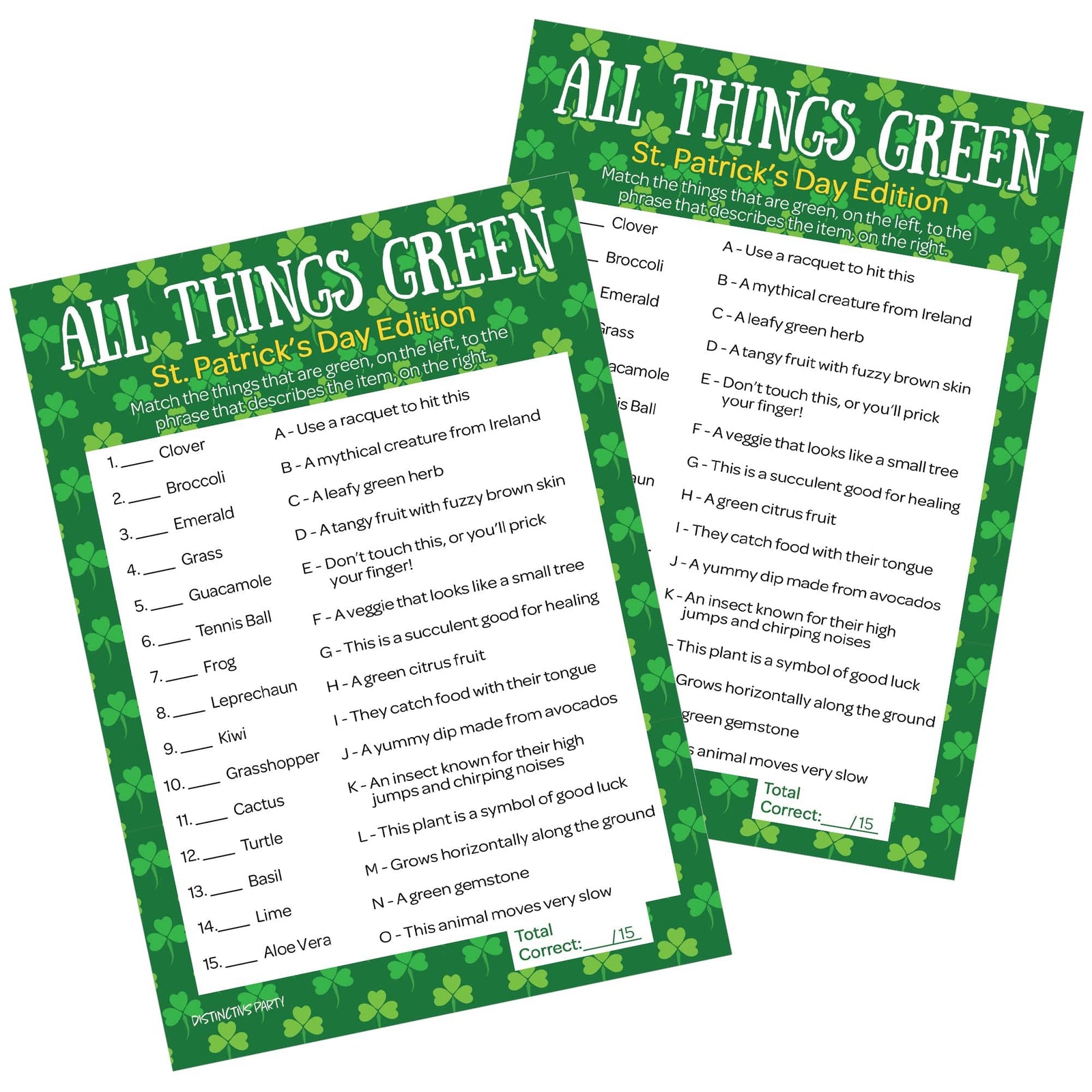 St. Patrick's Day Game: All Things Green Classroom Party Game - 25 Player Cards - Distinctivs Party