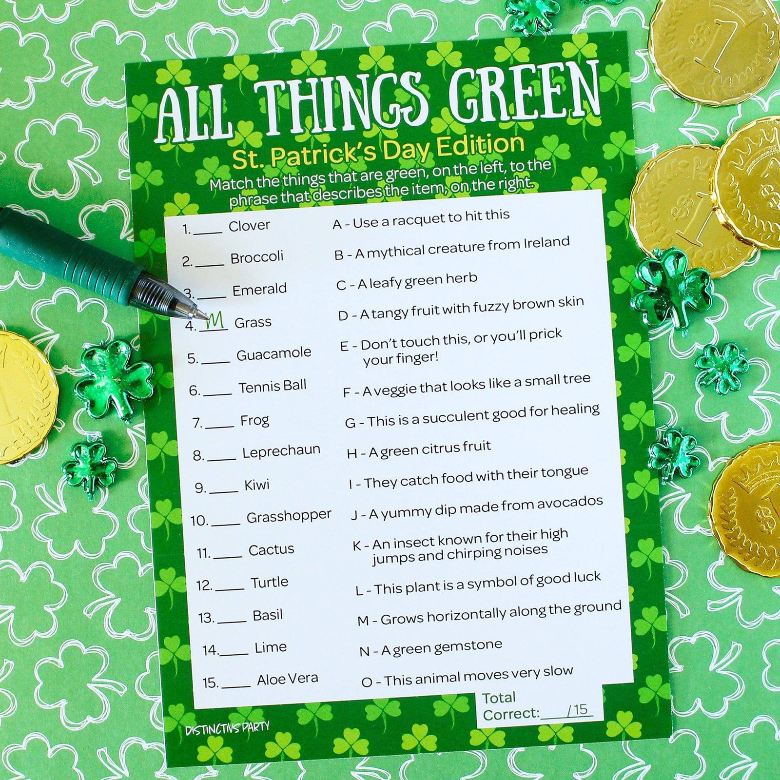 St. Patrick's Day Game: All Things Green Classroom Party Game - 25 Player Cards - Distinctivs Party