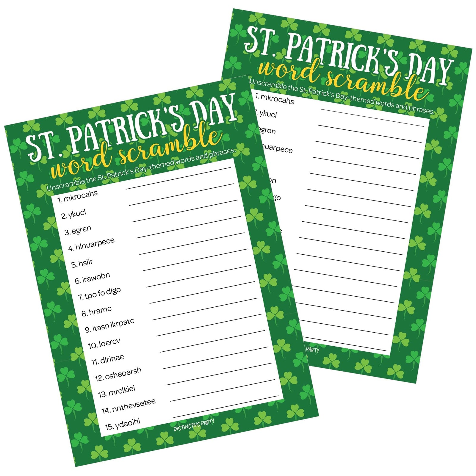 St. Patrick's Day Game: Word Scramble Classroom Party Game - 25 Player Cards - Distinctivs Party