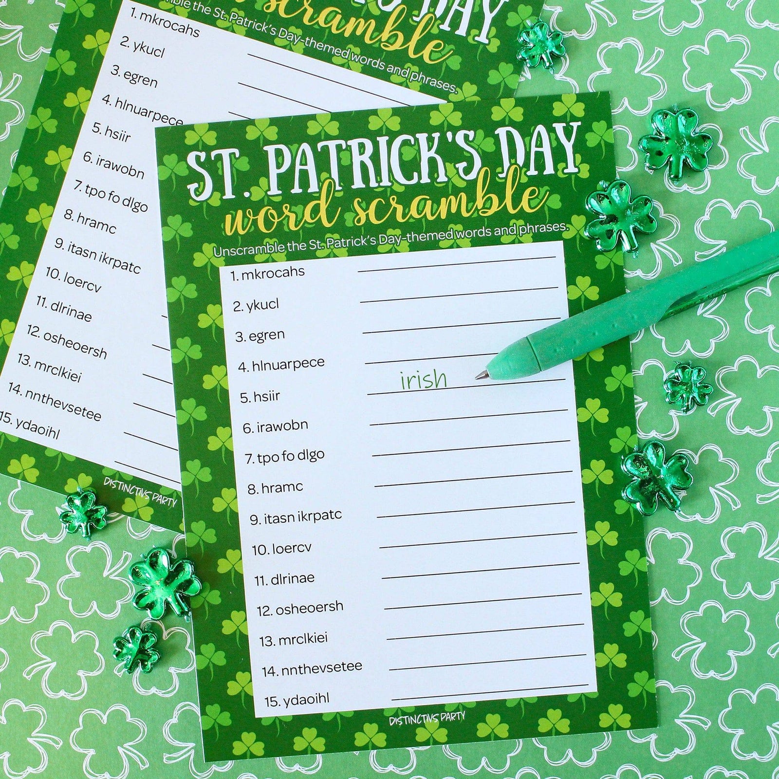 St. Patrick's Day Game: Word Scramble Classroom Party Game - 25 Player Cards - Distinctivs Party