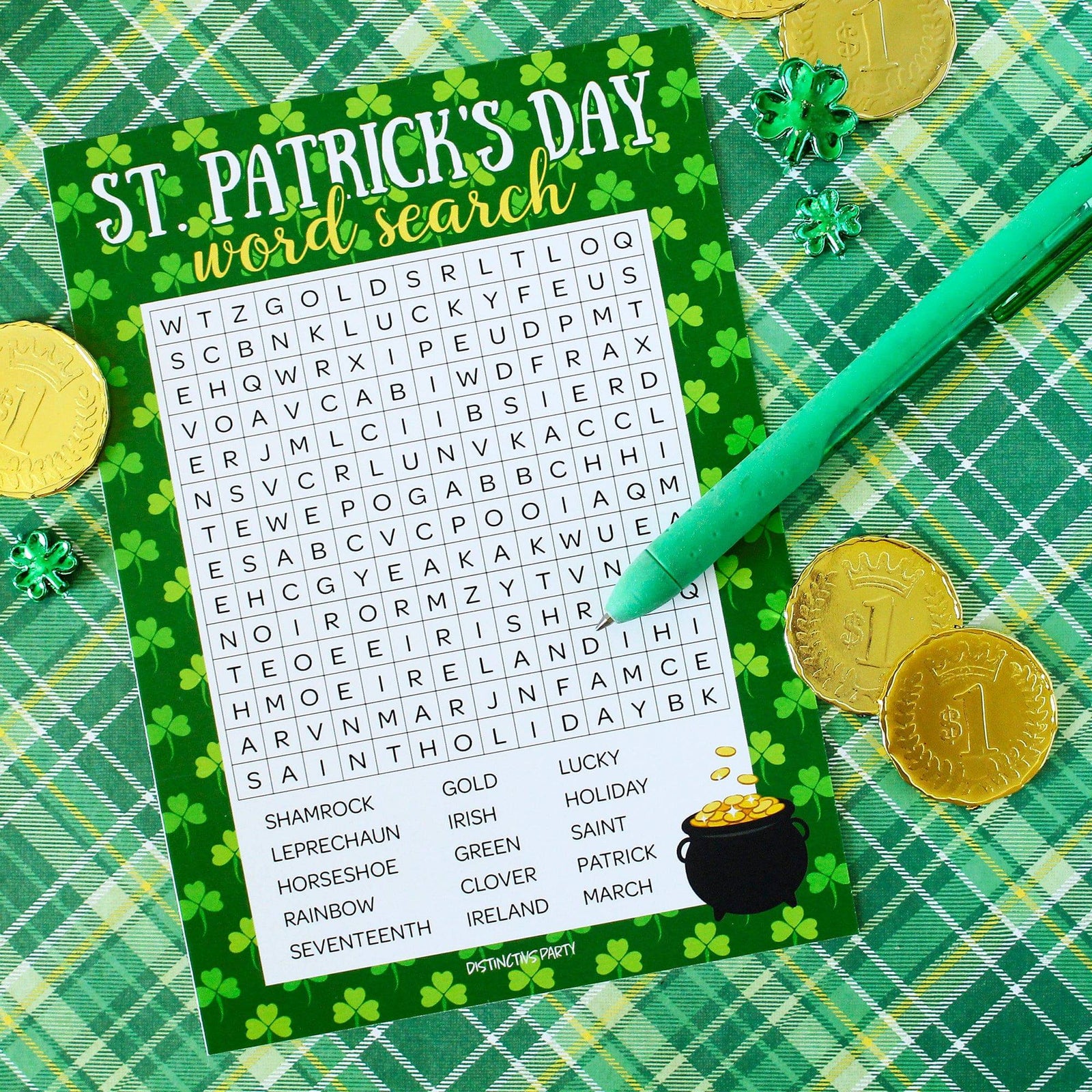 St. Patrick's Day Game: Word Search Classroom Party Game - 25 Player Cards - Distinctivs Party