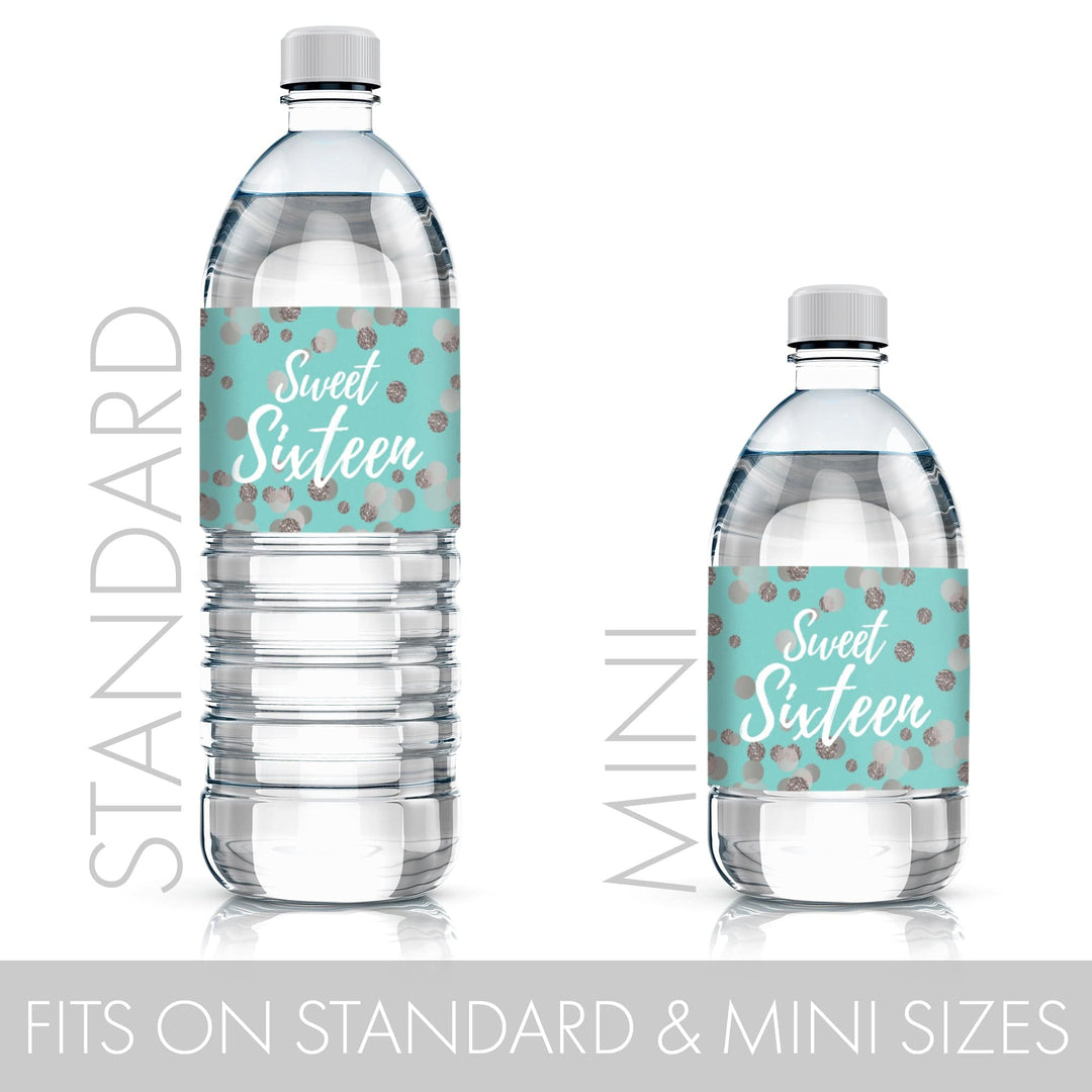  Transform your Sweet 16 with these eye-catching blue and silver water bottle labels.