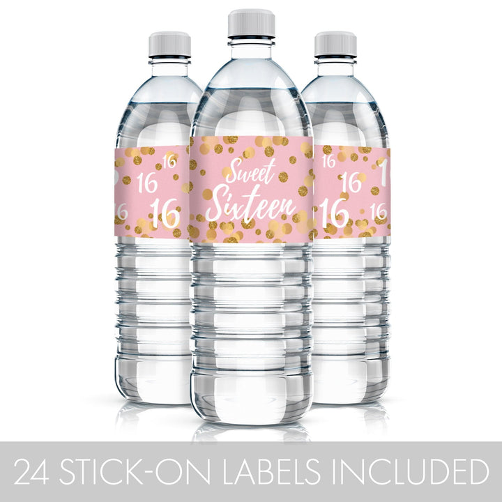 Celebrate the special day with these beautiful pink and gold Sweet 16 water bottle labels.