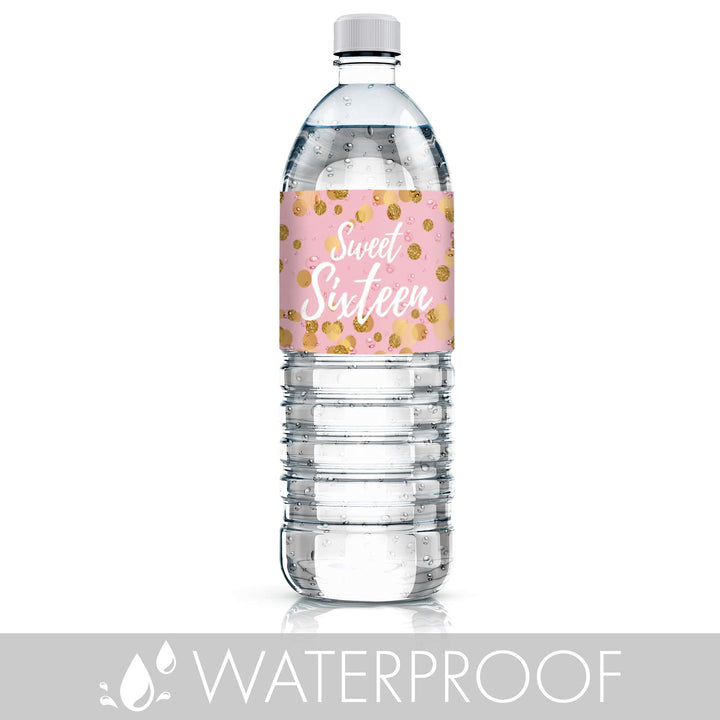 Get your guests excited for the party with these stylish Sweet 16 water bottle labels! 