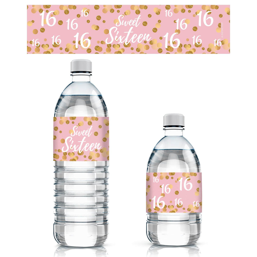Sweet 16 Party Water Bottle Labels, Pink and Gold - 24 Count