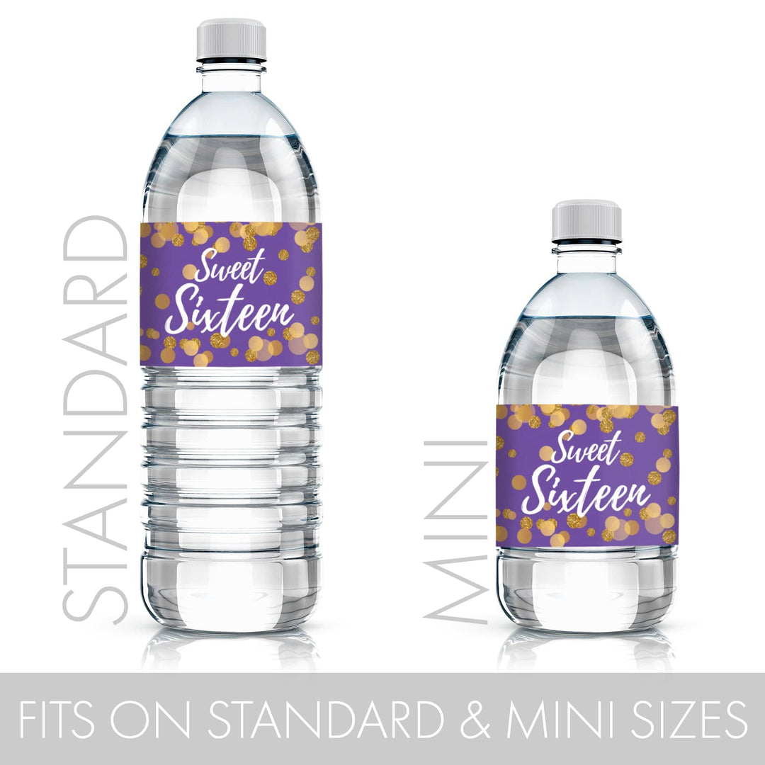 Make your Sweet 16 Party extra special with these Purple and Gold Water Bottle Labels - 24 Count