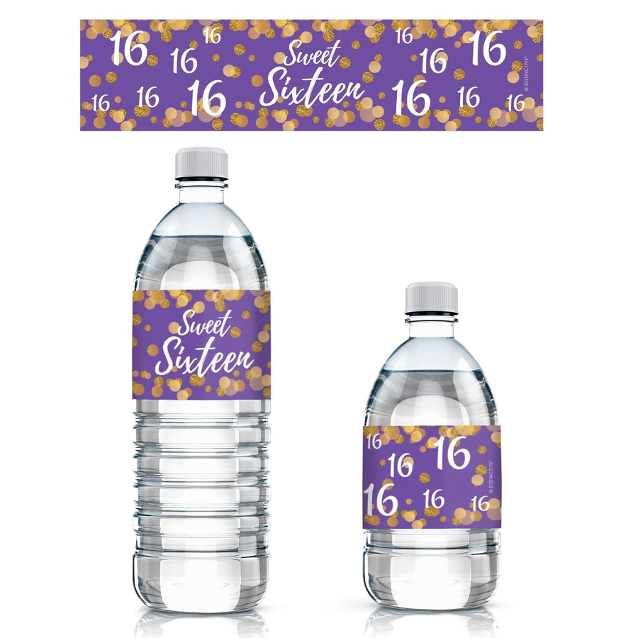 Sweet 16 Party Water Bottle Labels, Purple and Gold - 24 Count