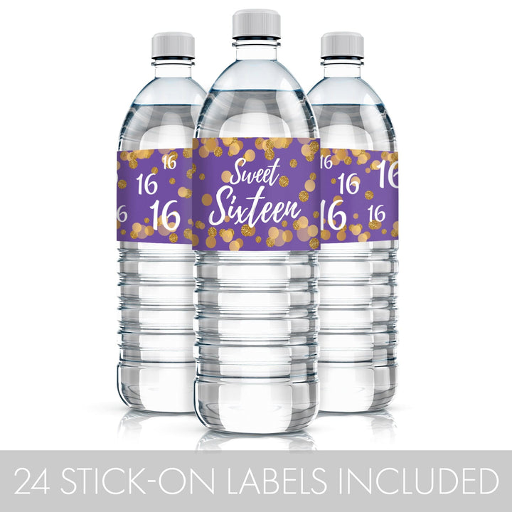 Give your Sweet 16 Party the perfect detail with these Purple and Gold Water Bottle Labels - 24 Count