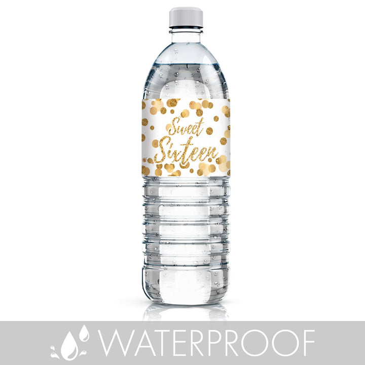Celebrate in style with 24 white and gold water bottle labels for Sweet 16.