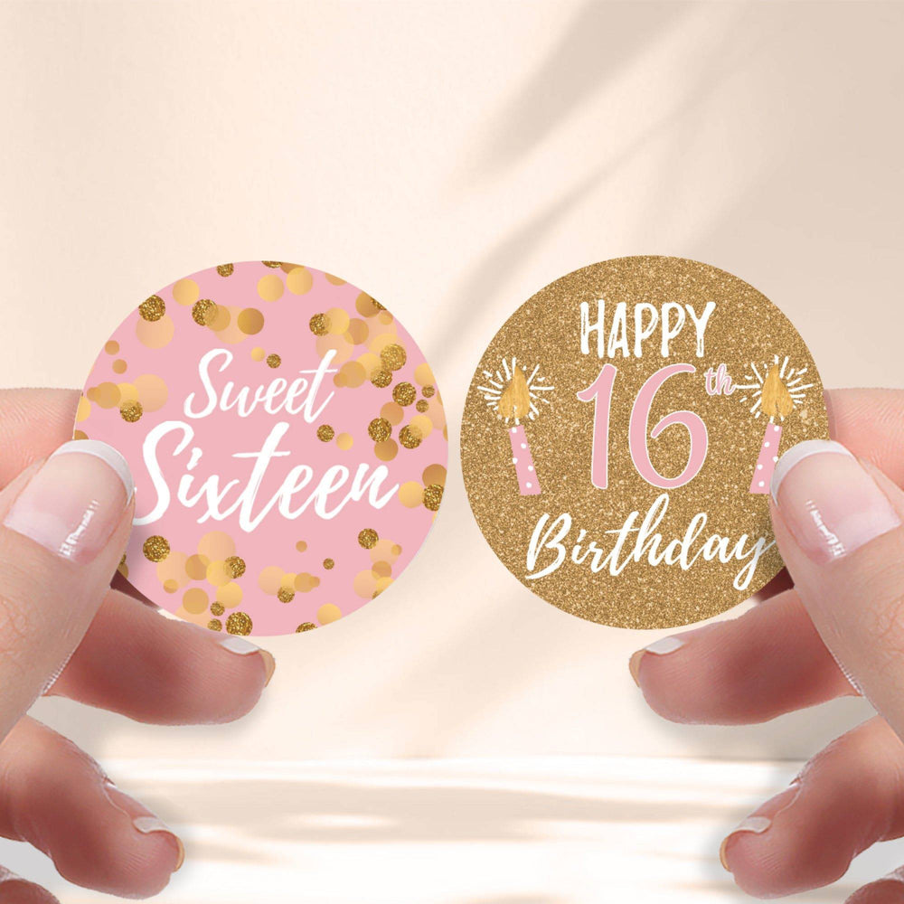 Sweet 16: Pink & Gold - Birthday Party Favor Stickers - 40 Stickers - Distinctivs Party