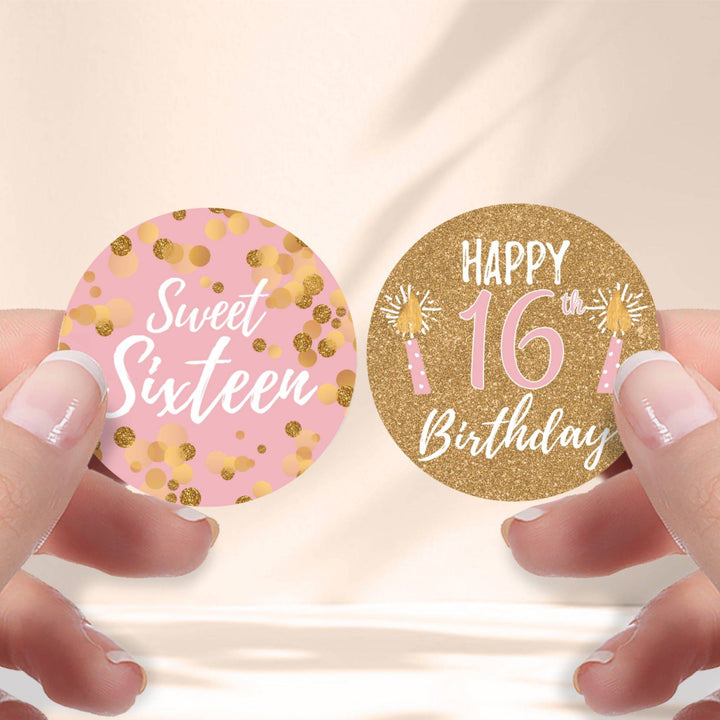 Sweet 16: Pink & Gold - Birthday Party Favor Stickers - 40 Stickers