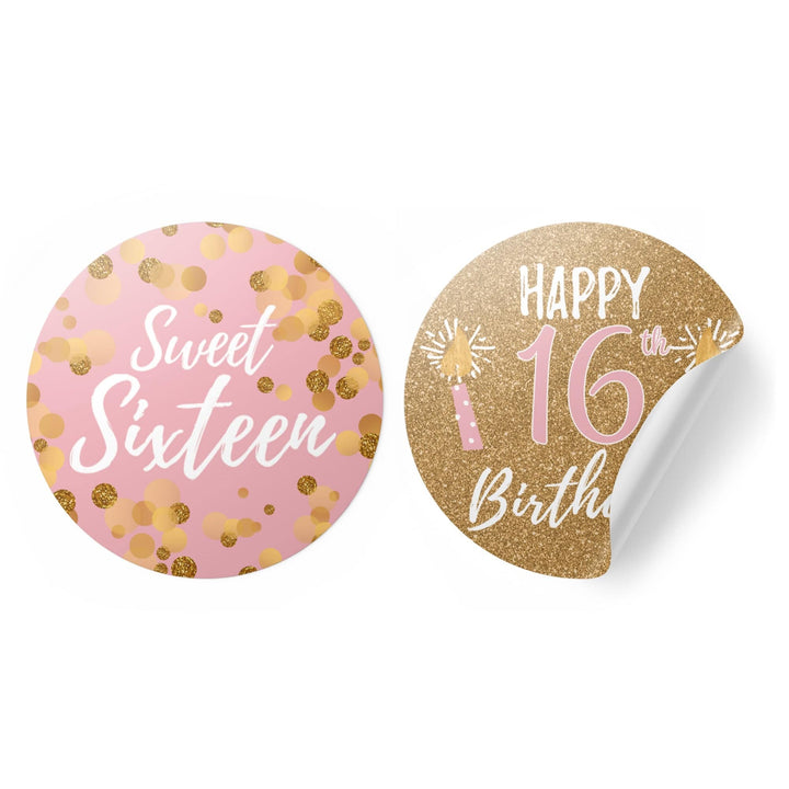 Sweet 16: Pink & Gold - Birthday Party Favor Stickers - 40 Stickers