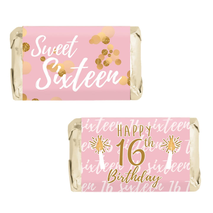 Sweet 16: Pink & Gold - Birthday Party  Mini Candy Bar Wrappers - 45 Stickers - Distinctivs Party