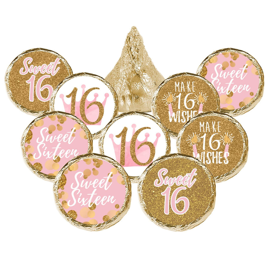 Sweet 16: Pink & Gold - Birthday Party Party Favor Stickers - Fits on Hershey's Kisses - 180 Stickers - Distinctivs Party