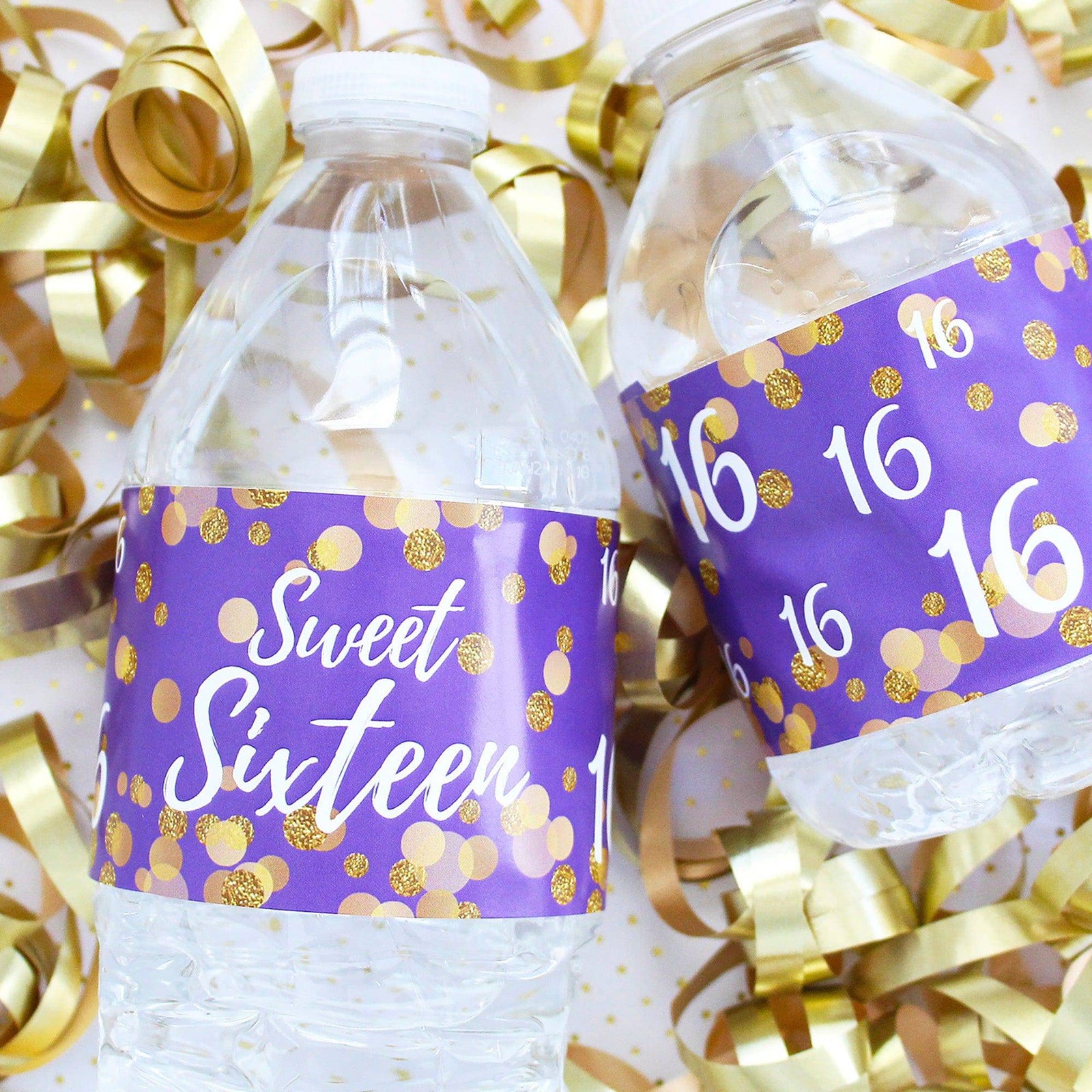 Sweet 16: Purple & Gold - Birthday Part  Water Bottle Labels - 24 Stickers - Distinctivs Party