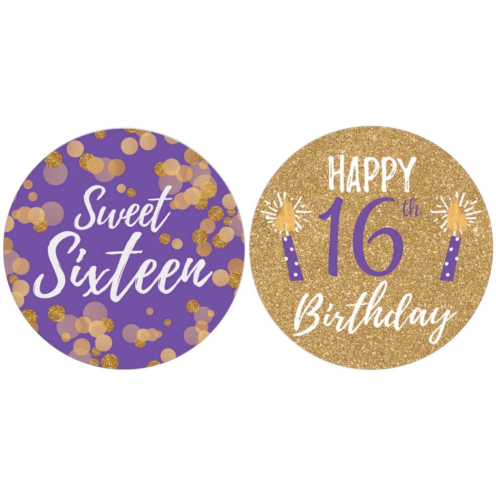 Sweet 16: Purple & Gold - Birthday Party Favor Stickers - 40 Stickers - Distinctivs Party