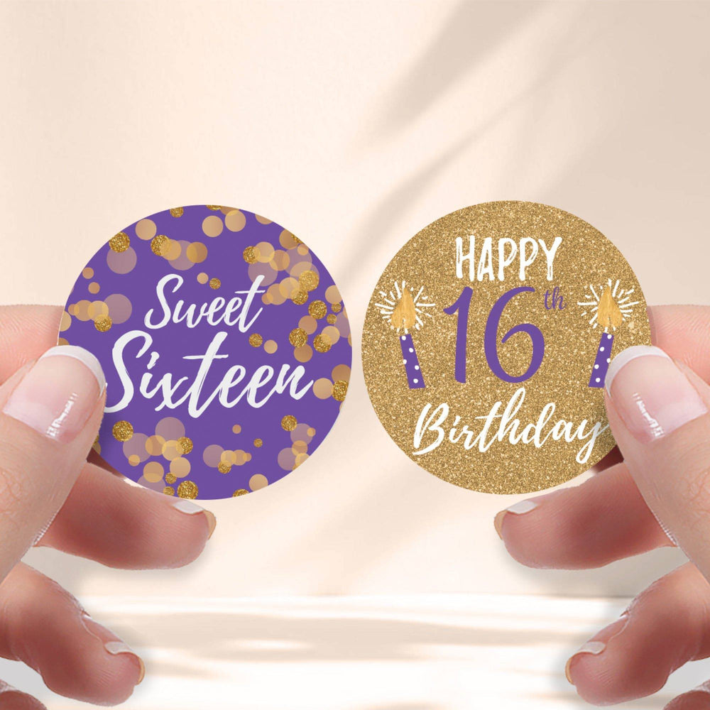 Sweet 16: Purple & Gold - Birthday Party Favor Stickers - 40 Stickers - Distinctivs Party