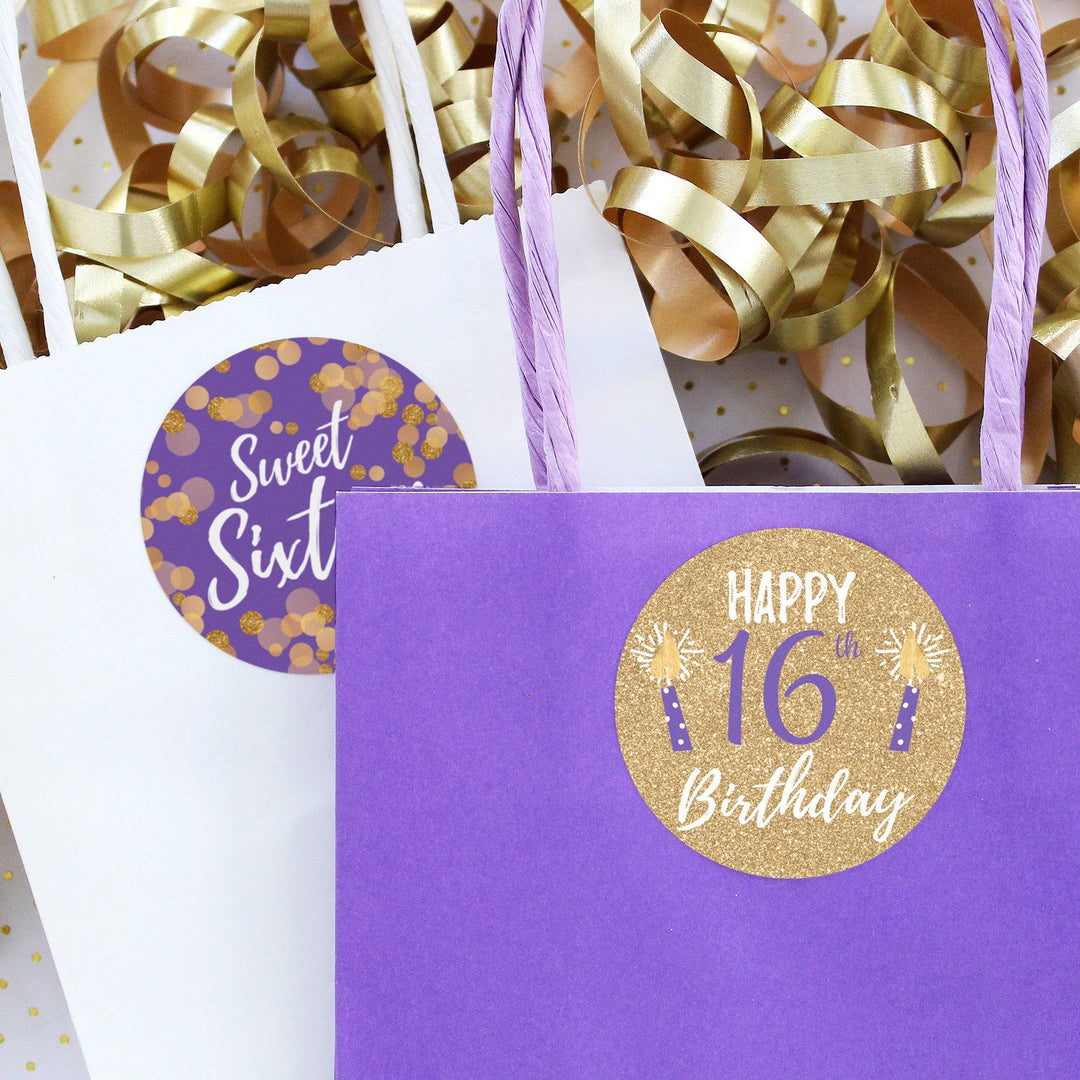 Sweet 16: Purple & Gold - Birthday Party Favor Stickers - 40 Stickers