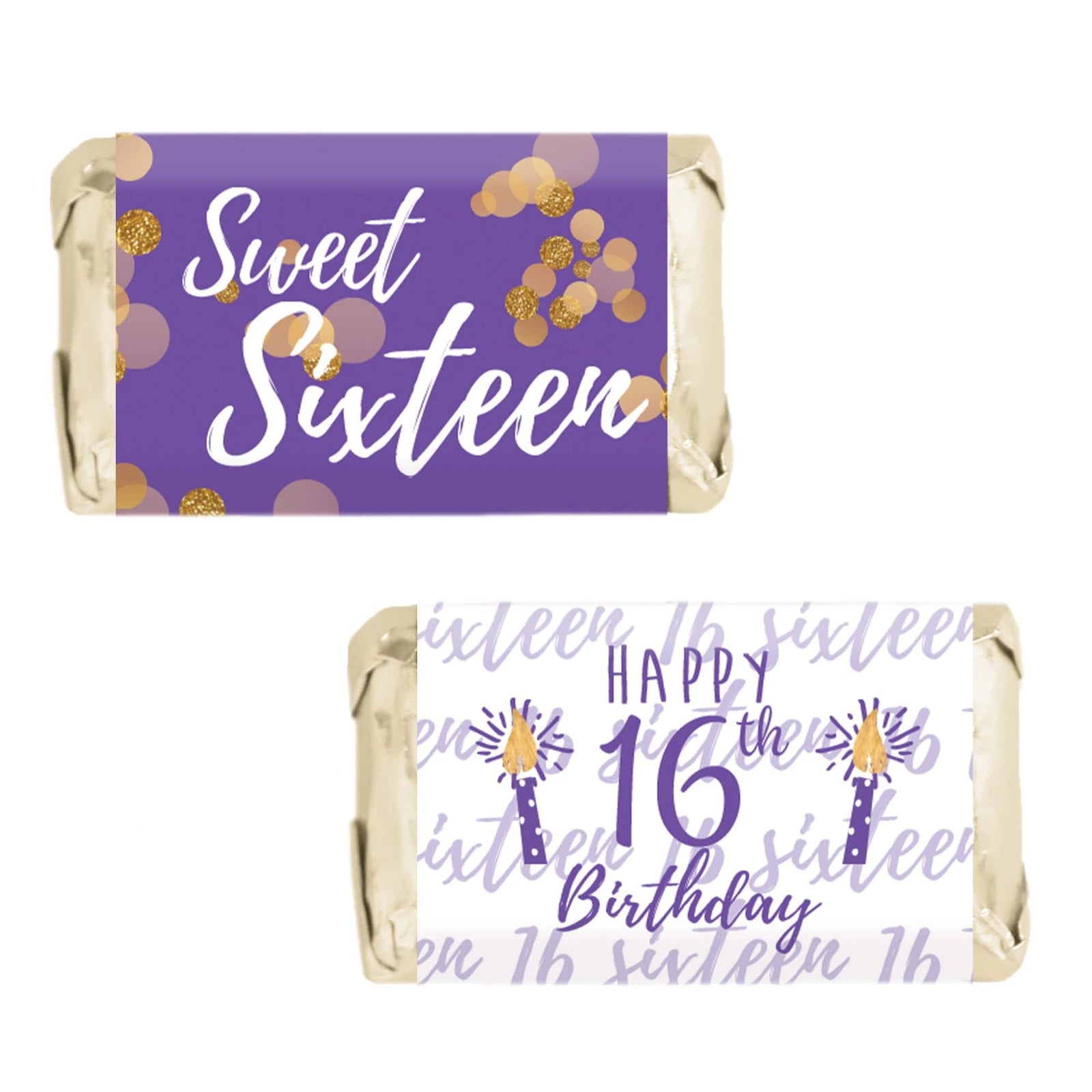 Sweet 16: Purple& Gold - Birthday Party  Mini Candy Bar Wrappers - 45 Stickers - Distinctivs Party