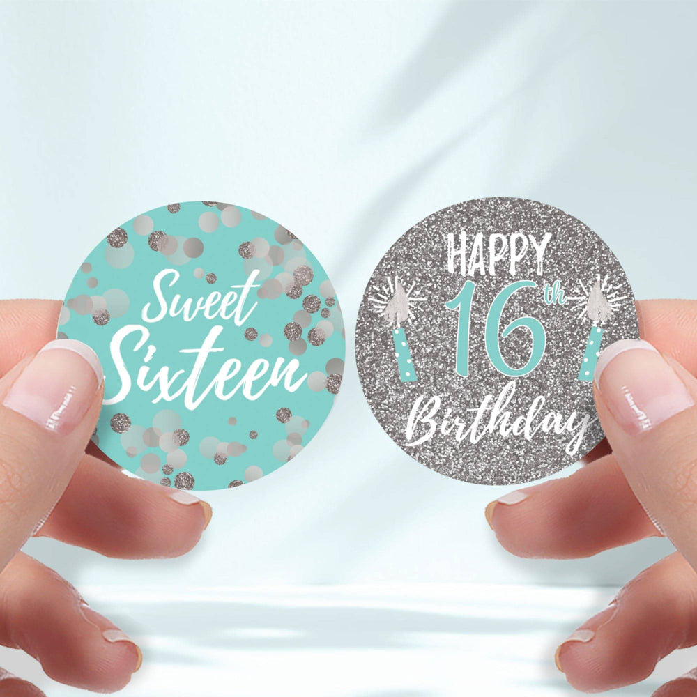 Sweet 16: Teal & Silver - Birthday Party Favor Stickers - 40 Stickers - Distinctivs Party