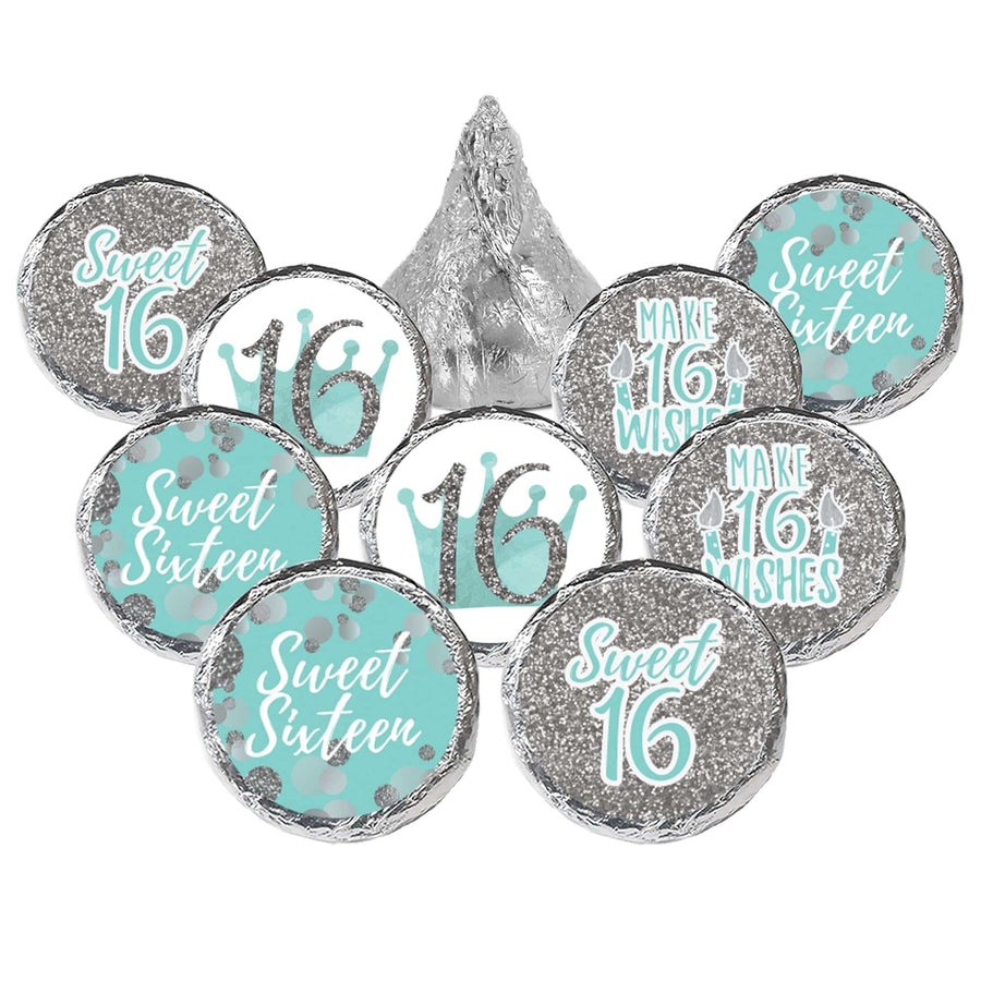Sweet 16: Teal & Silver - Birthday Party Favor Stickers - Fits on Hershey's Kisses - 180 Stickers - Distinctivs Party