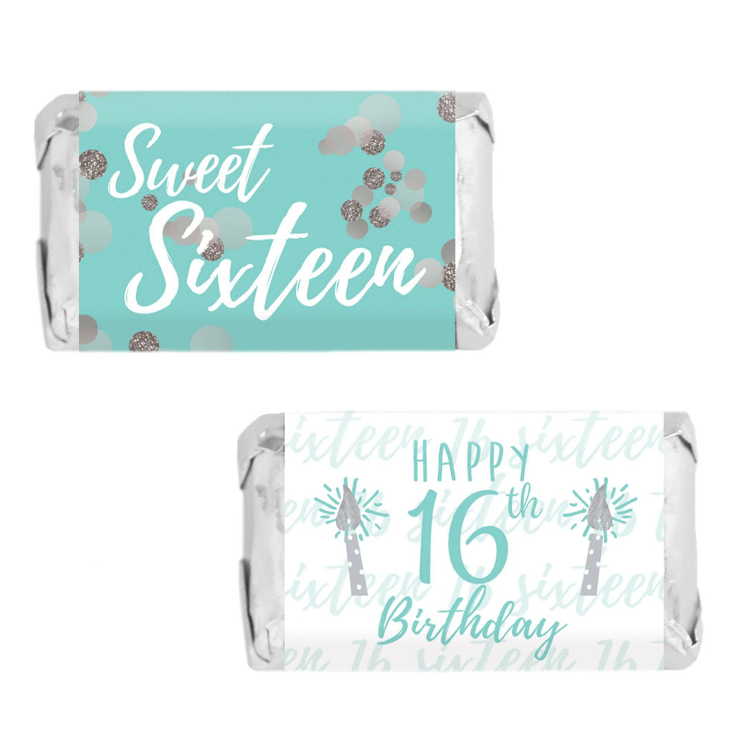 Sweet 16: Verde azulado y plateado - Mini envoltorios para barra de dulces para fiesta de cumpleaños - 45 pegatinas