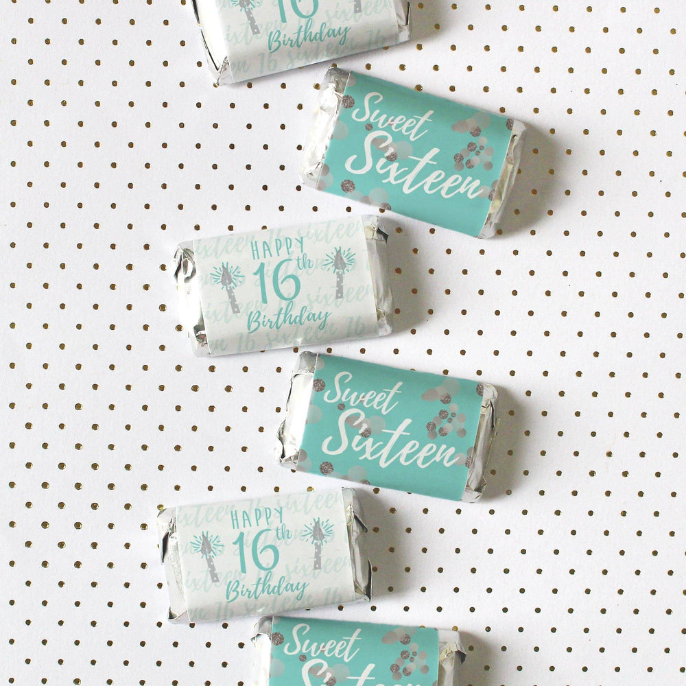 Sweet 16: Teal & Silver - Birthday Party Mini Candy Bar Wrappers - 45 Stickers - Distinctivs Party