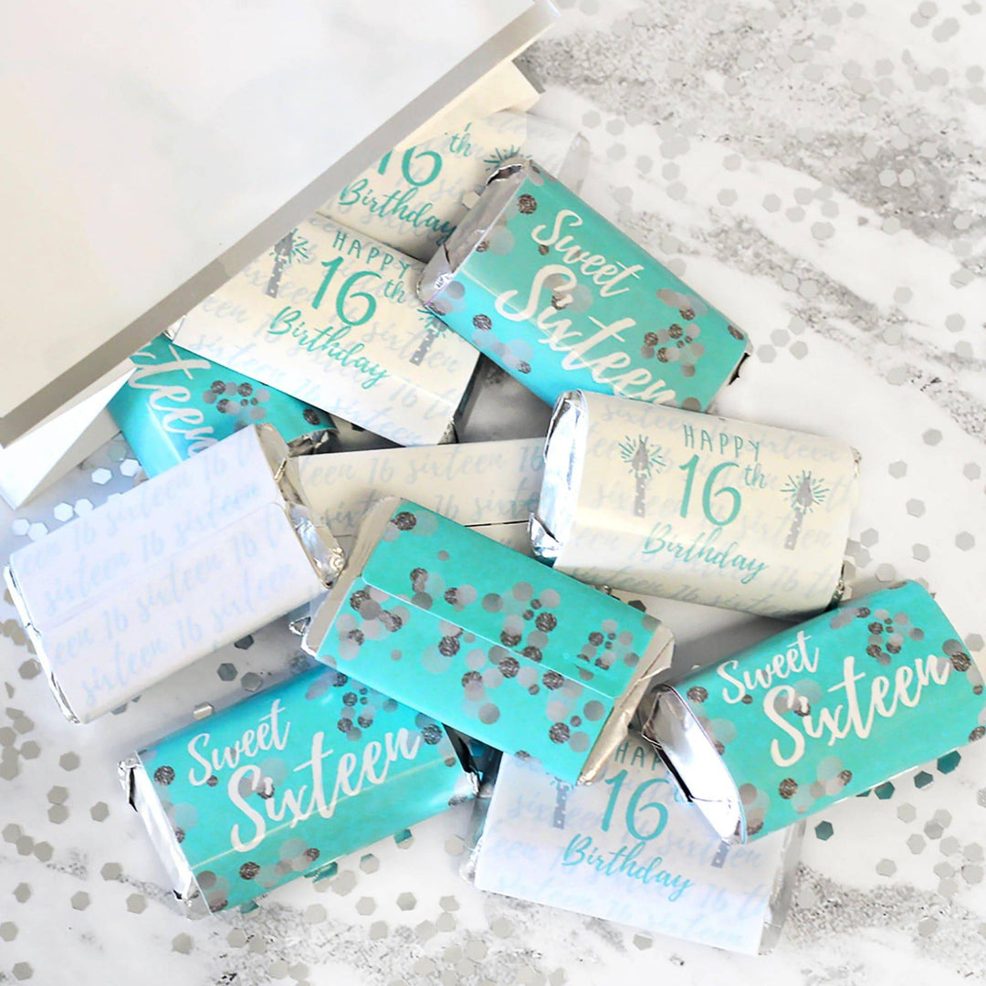 Sweet 16: Teal & Silver - Birthday Party Mini Candy Bar Wrappers - 45 Stickers