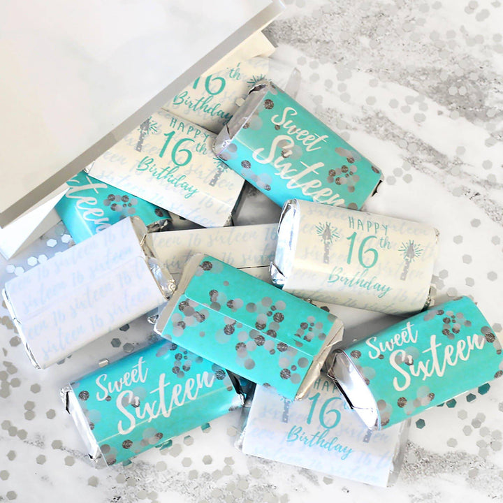 Sweet 16: Teal & Silver - Birthday Party Mini Candy Bar Wrappers - 45 Stickers