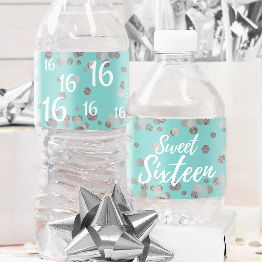 Sweet 16: Teal & Silver -  Birthday Party Water Bottle Labels - 24 Stickers - Distinctivs Party