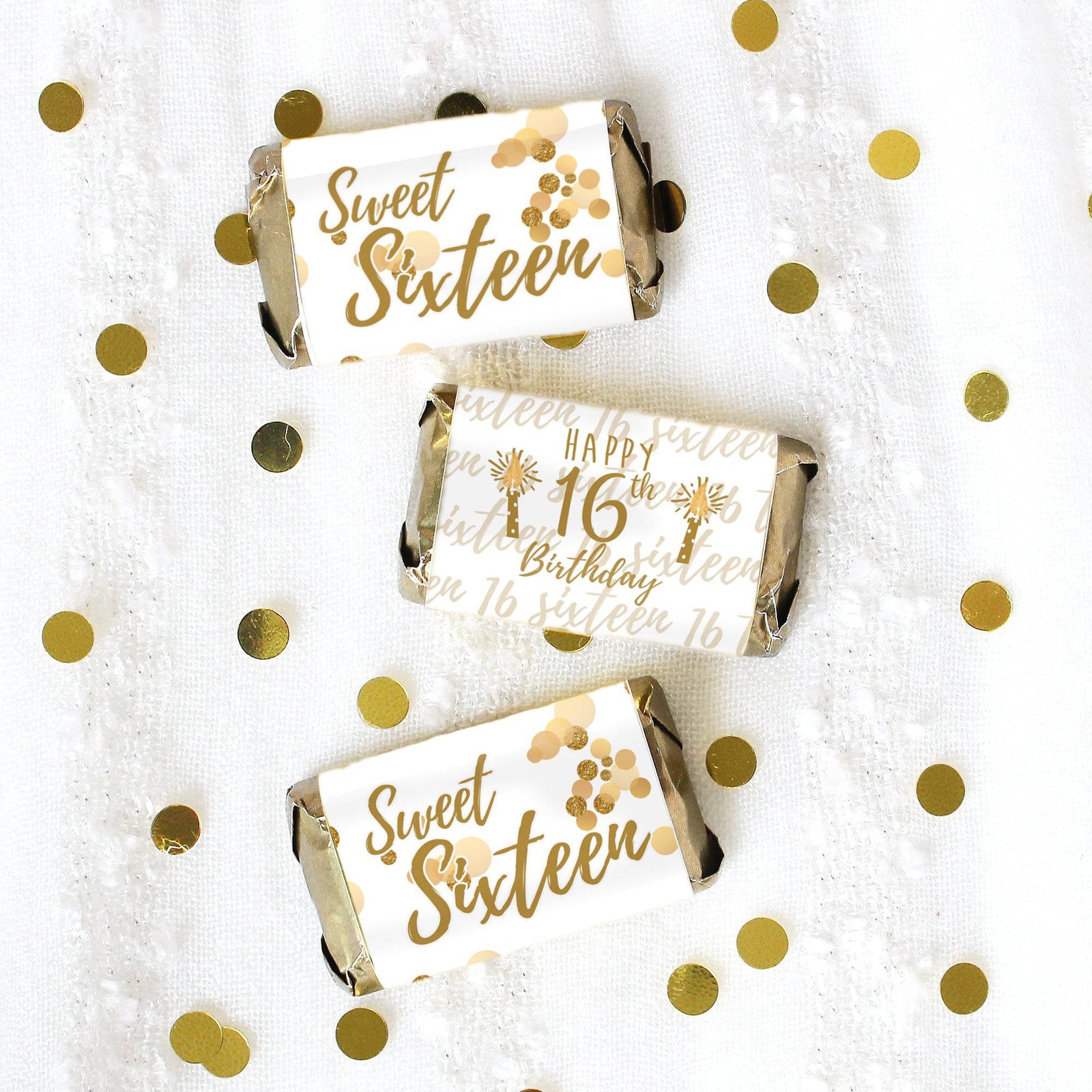 Sweet 16: White & Gold - Birthday Party Mini Candy Bar Wrappers - 45 Stickers - Distinctivs Party