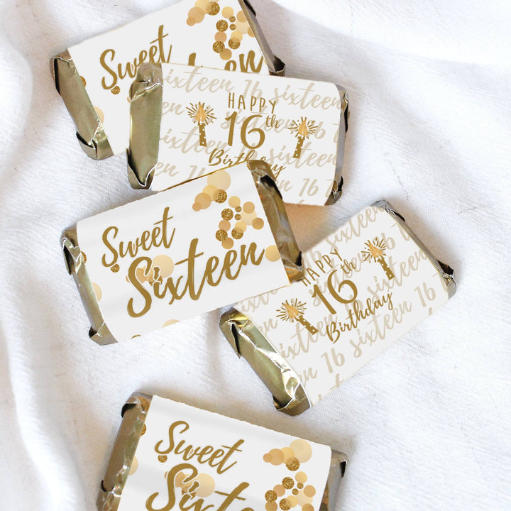 Sweet 16: White & Gold - Birthday Party Mini Candy Bar Wrappers - 45 Stickers