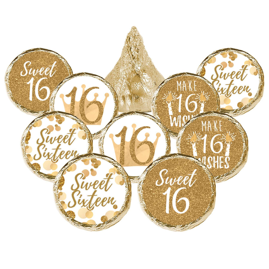 Sweet 16: White & Gold - Birthday Party Party Favor Stickers - Fits on Hershey's Kisses - 180 Stickers - Distinctivs Party