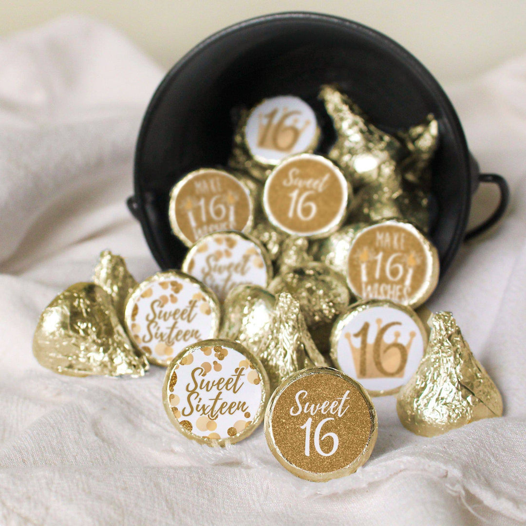 Sweet 16: White & Gold - Birthday Party Party Favor Stickers - Fits on Hershey's Kisses - 180 Stickers - Distinctivs Party