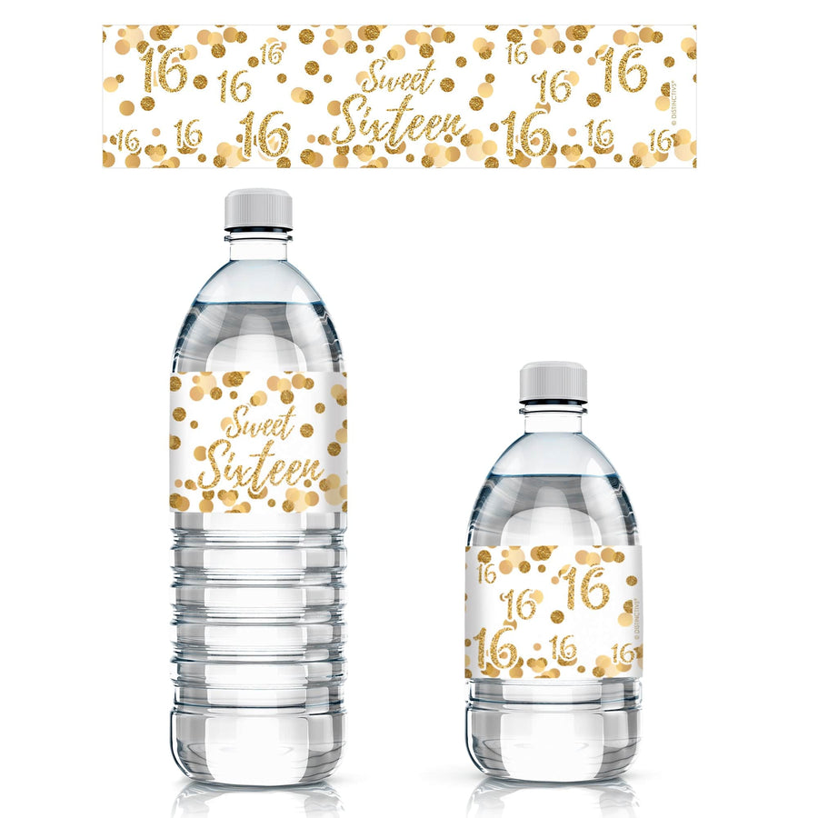 Sweet 16 Party Water Bottle Labels, White and Gold - 24 Count