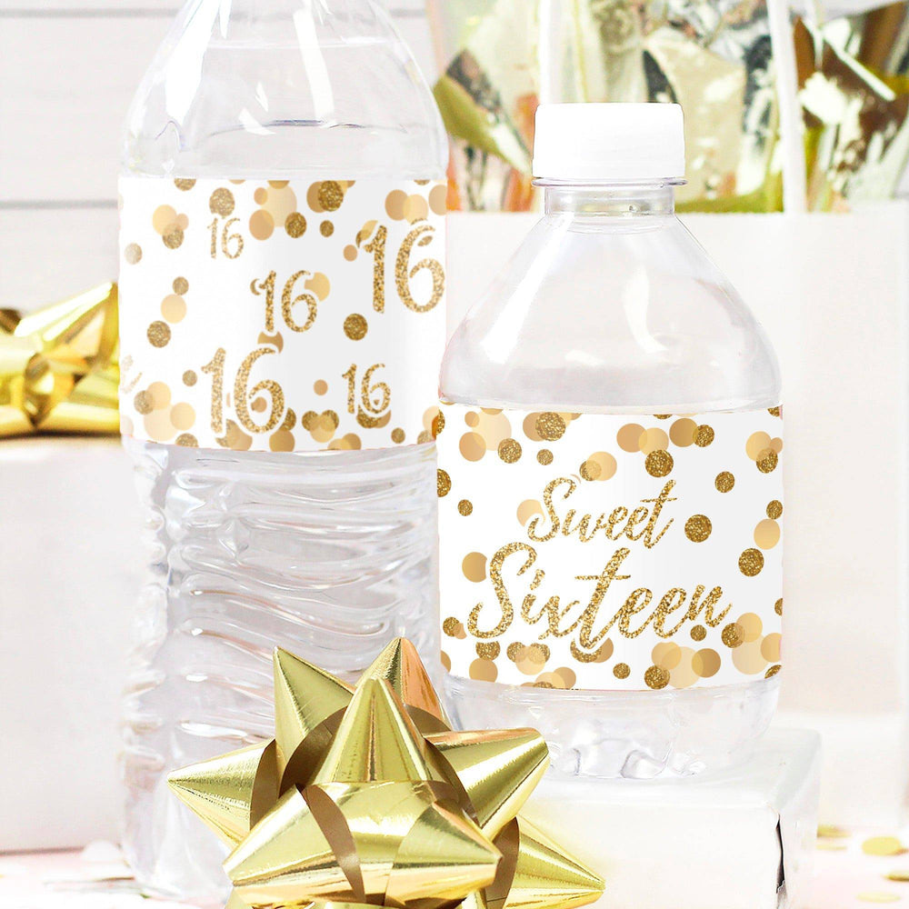 Sweet 16: White & Gold - Birthday Party  Water Bottle Labels - 24 Stickers - Distinctivs Party