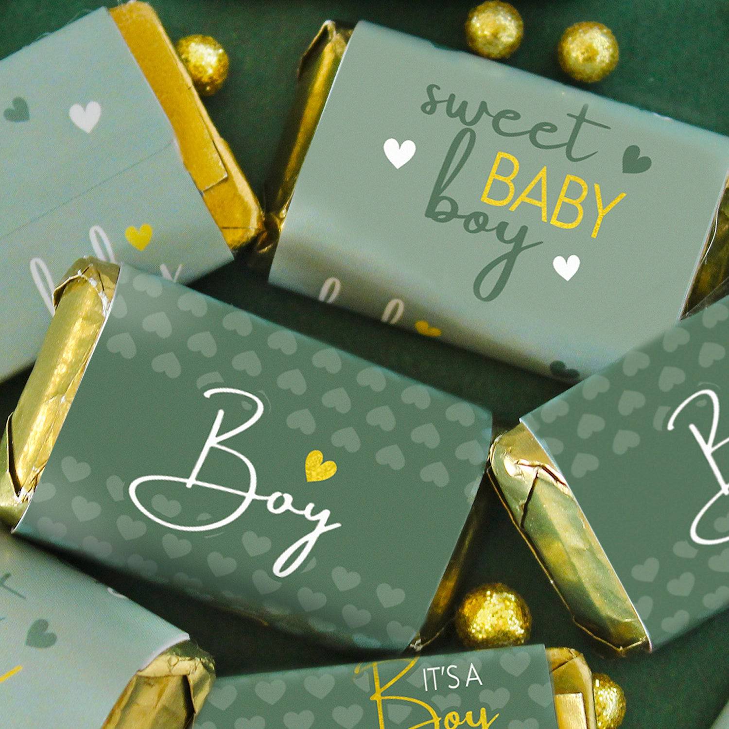 Sweet Baby Boy: Green -  It’s a Boy Baby Shower Mini Candy Bar Labels  45 Stickers - Distinctivs Party