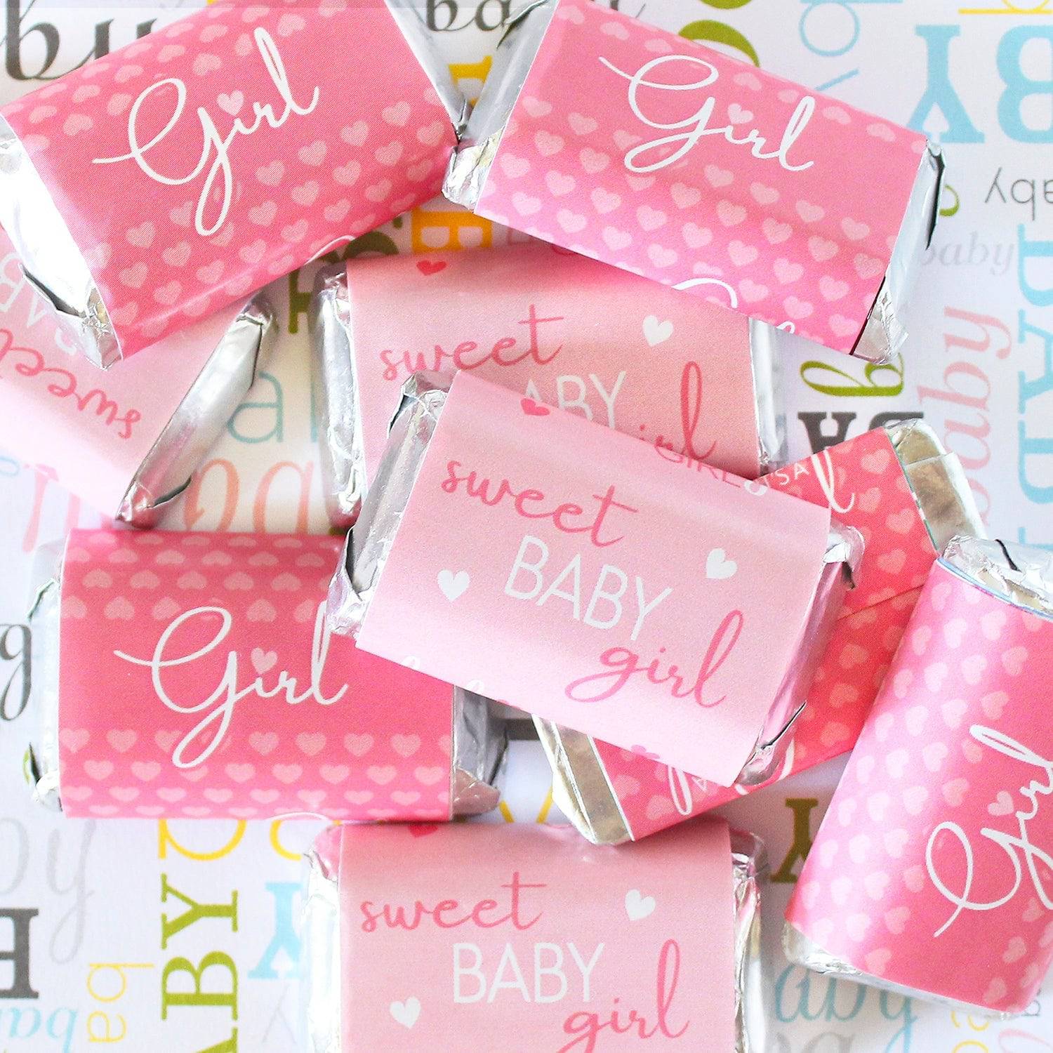 Sweet Baby Girl: Pink - Baby Shower Mini Candy Bar Labels -45 Stickers - Distinctivs Party