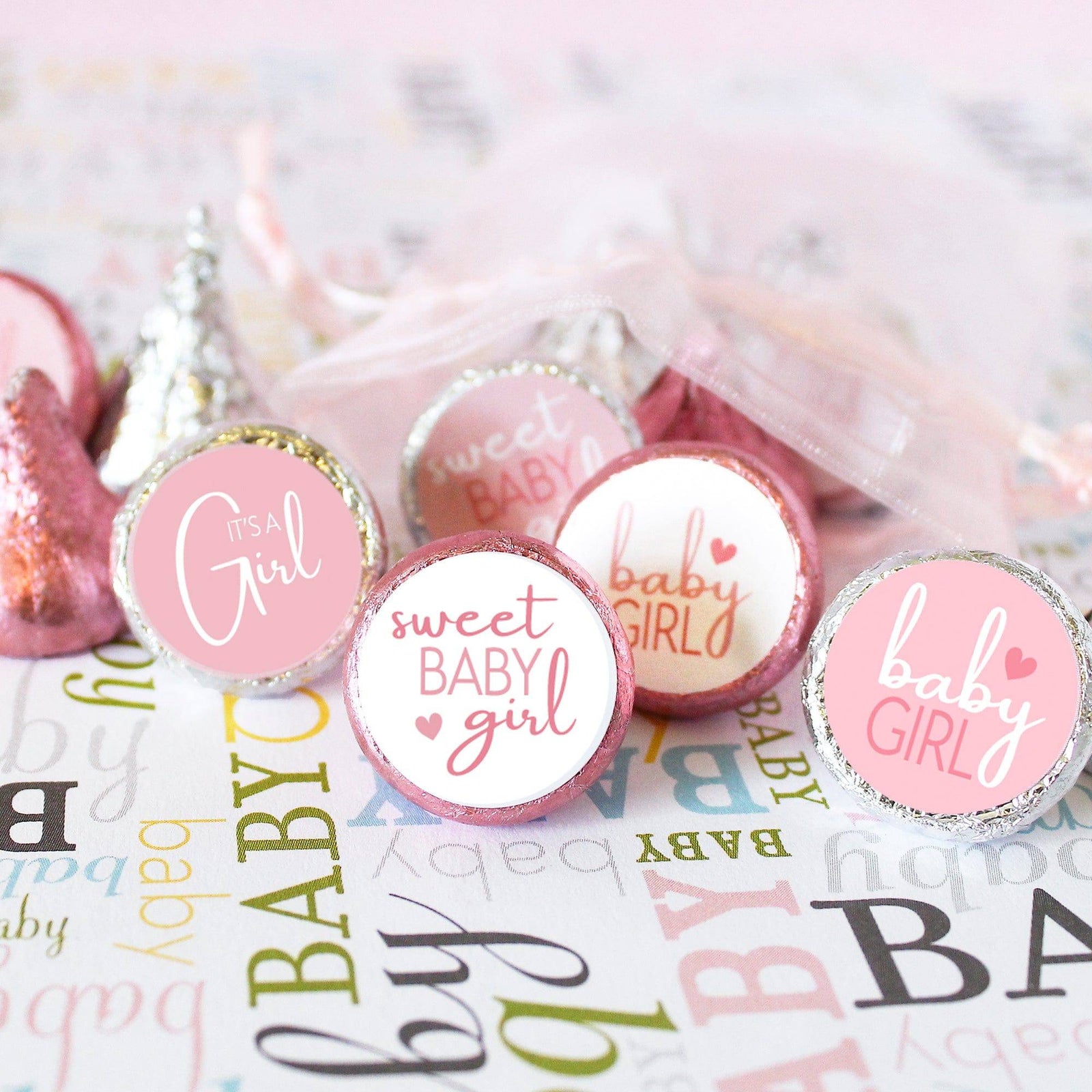 Sweet Baby Girl: Pink - Baby Shower  Stickers - Fits on Hershey's Kisses - 180 Pack - Distinctivs Party