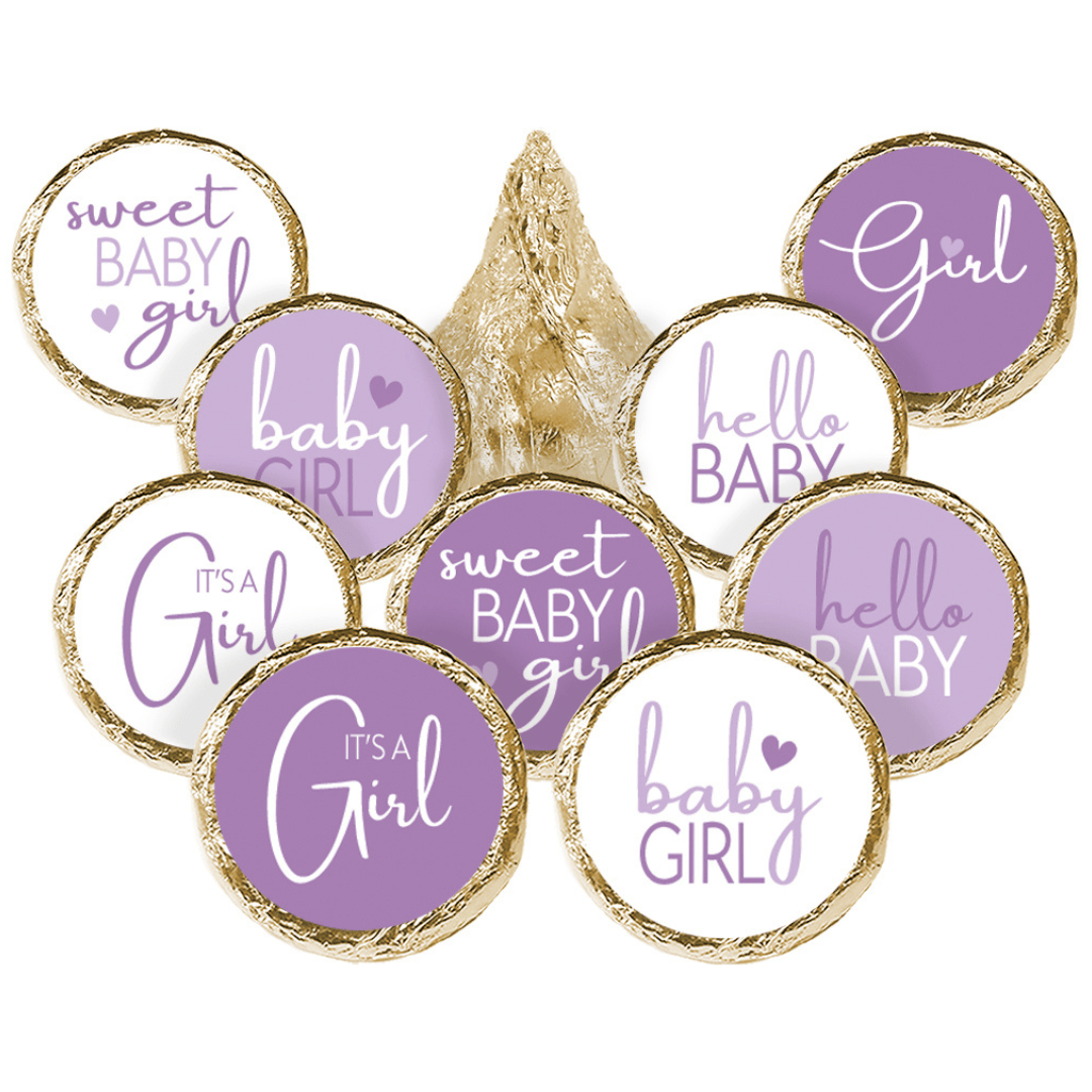 Sweet Baby Girl: Purple - It’s a Girl Stickers for Kisses Candies - 180 Label Count - Distinctivs Party