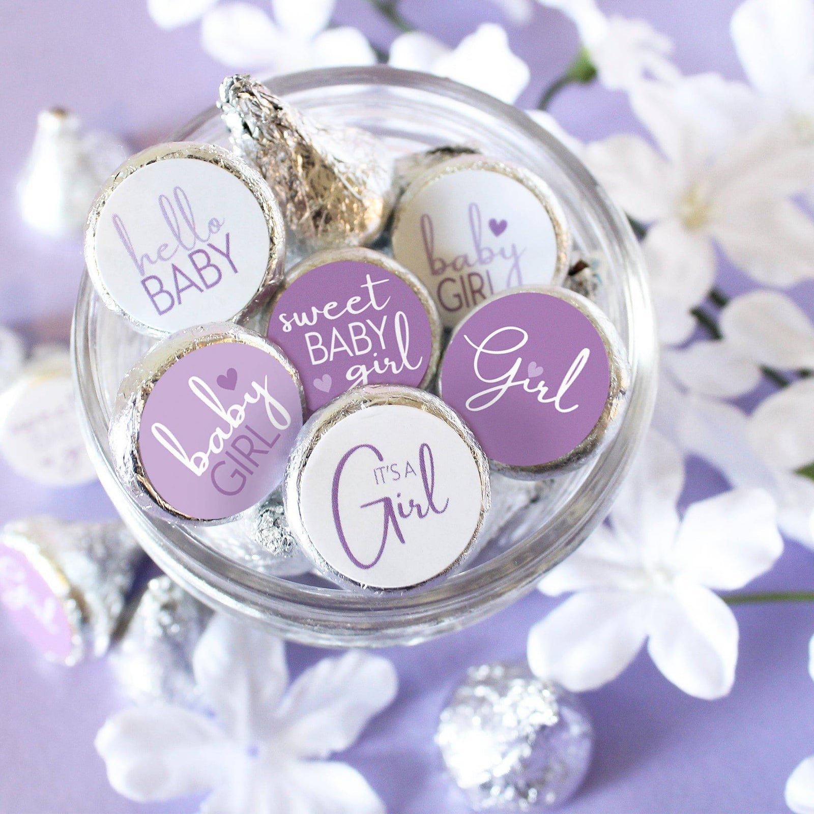 Sweet Baby Girl: Purple - It’s a Girl Stickers for Kisses Candies - 180 Label Count - Distinctivs Party