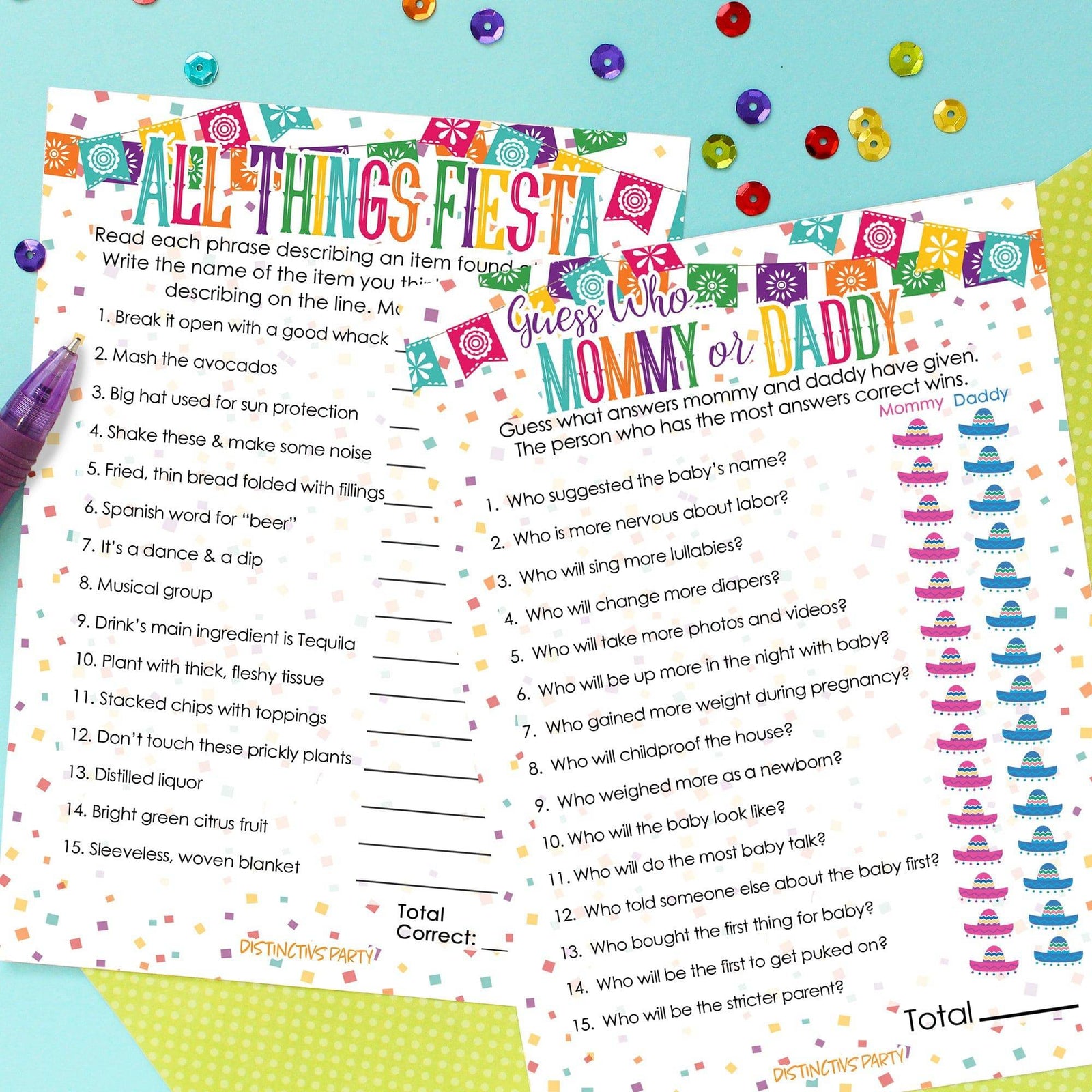 Taco 'Bout a Baby: Baby Shower Game - "Guess Who" Mommy or Daddy and All Things Fiesta Games - 20 Dual Sided Cards - Distinctivs Party